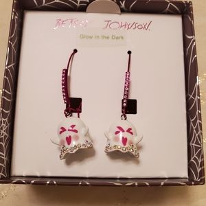 BETSEY JOHNSON WHITE FACED/PINK RHINESTONE GHOST DANGLE EARRINGS GLOW IN DARK